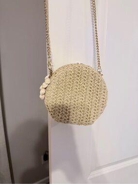 Haute Hippie Cream Woven Round Crossbody with Shell Accent
